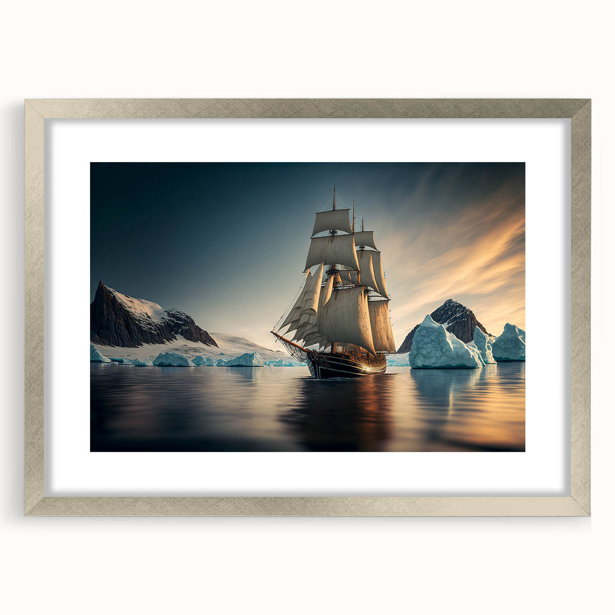 Framed wall art featuring a striking iceberg landscape design in a sleek silver frame with a white mat, perfect for modern home decor and aesthetic enhancement.