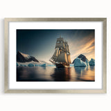 Framed wall art featuring a striking iceberg landscape design in a sleek silver frame with a white mat, perfect for modern home decor and aesthetic enhancement.