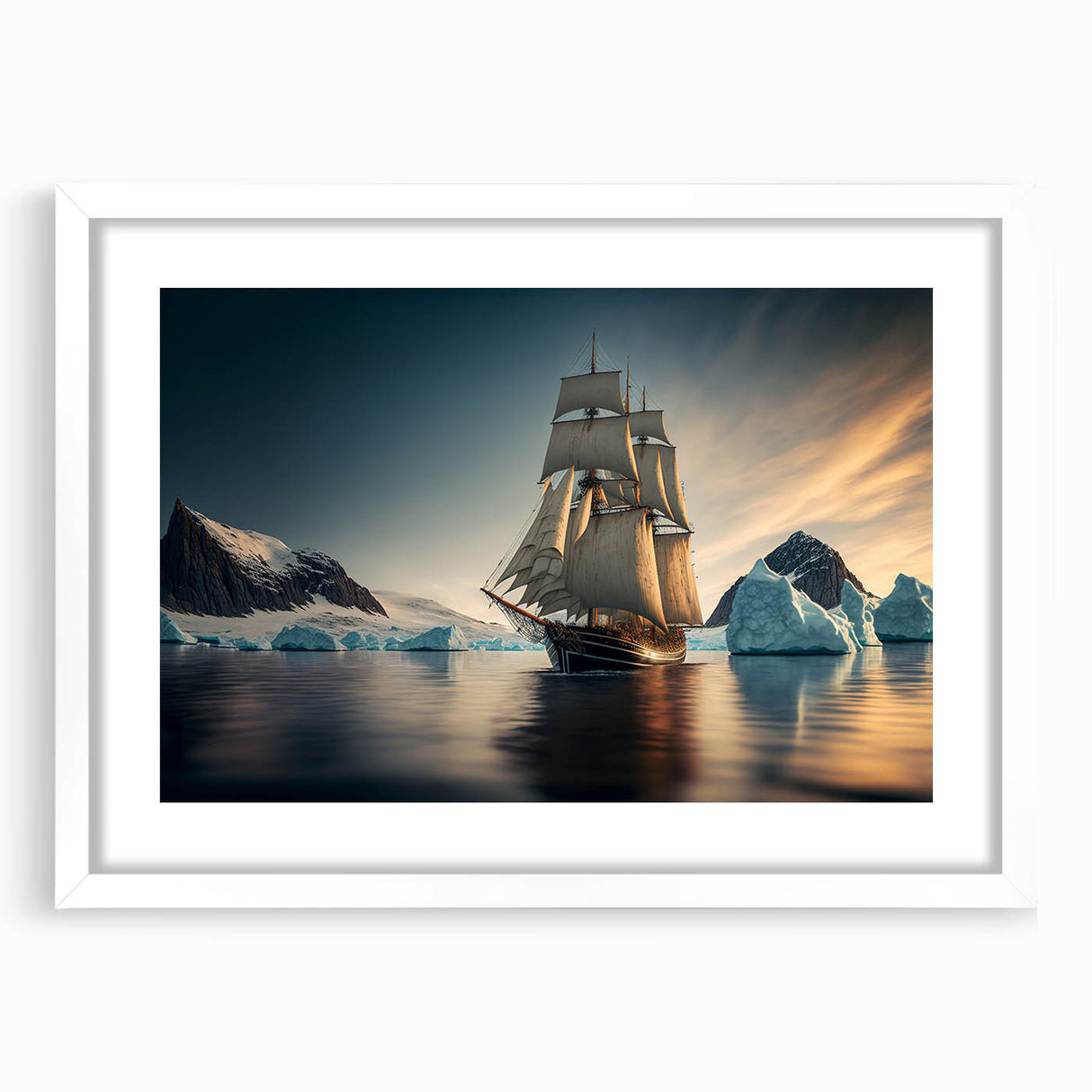 Framed wall art showcasing a stunning iceberg landscape design with a white mat, perfect for modern home decor, emphasizing cool blue hues and serene natural beauty.