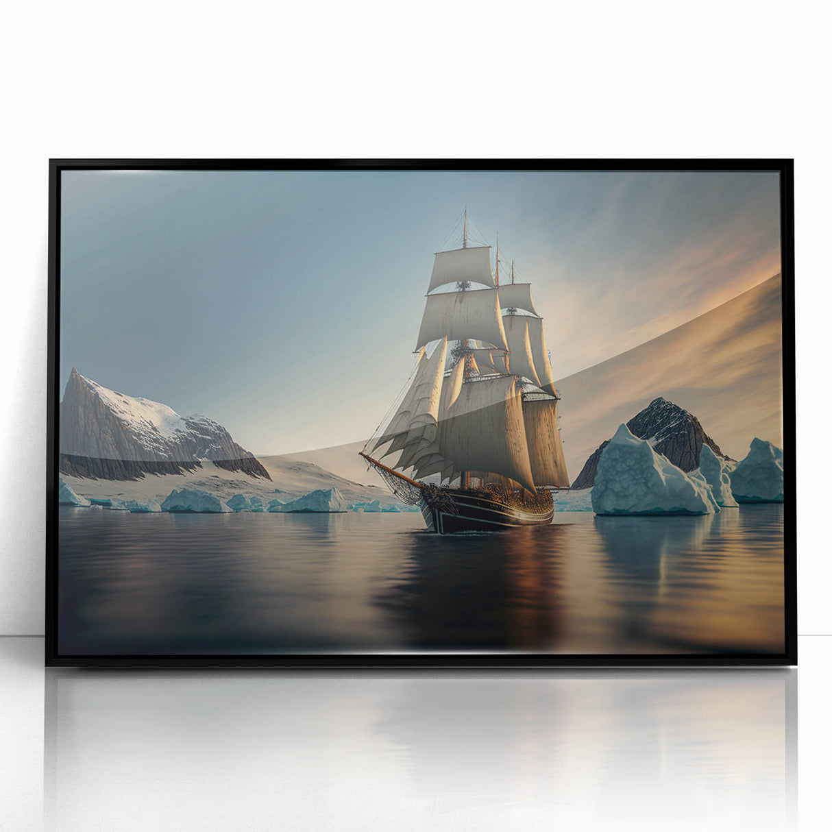 Framed acrylic wall art featuring a stunning iceberg landscape design with a sleek black frame, perfect for modern home decor, adding a serene touch to any room.