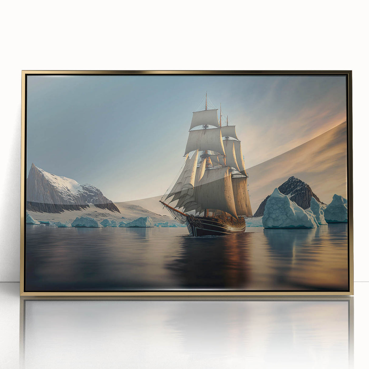 Framed acrylic wall art featuring a stunning iceberg landscape design with gold accents, ideal for modern decor, showcasing serene icy blues and whites.