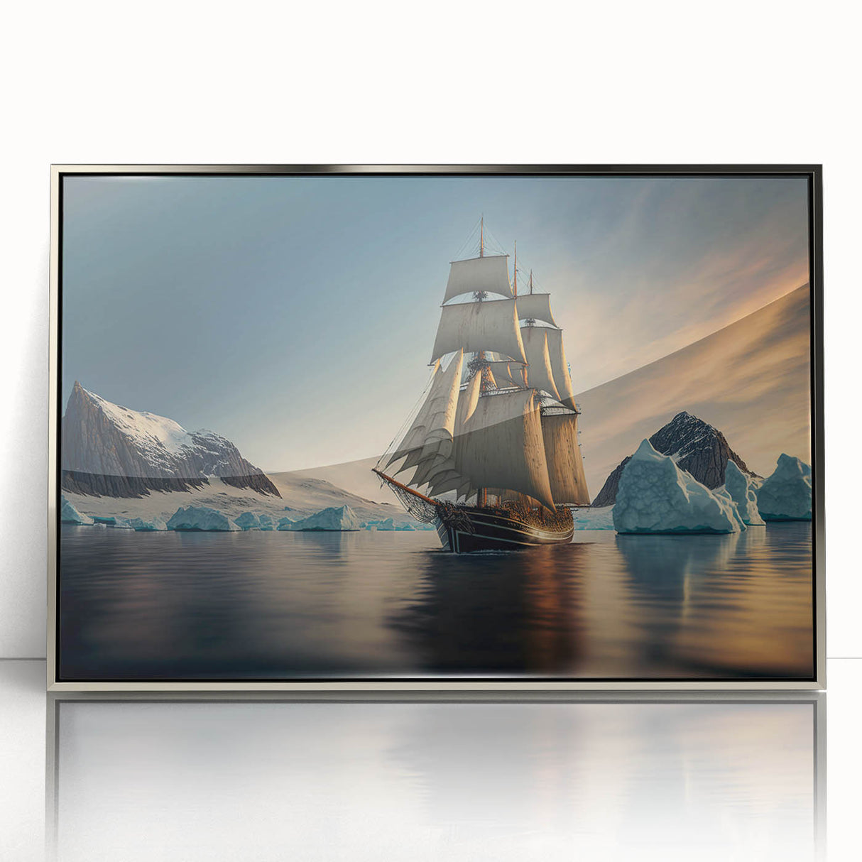 Framed acrylic wall art showcasing a stunning iceberg design in silver tones, perfect for modern decor. Ideal for enhancing living spaces with a touch of elegance.