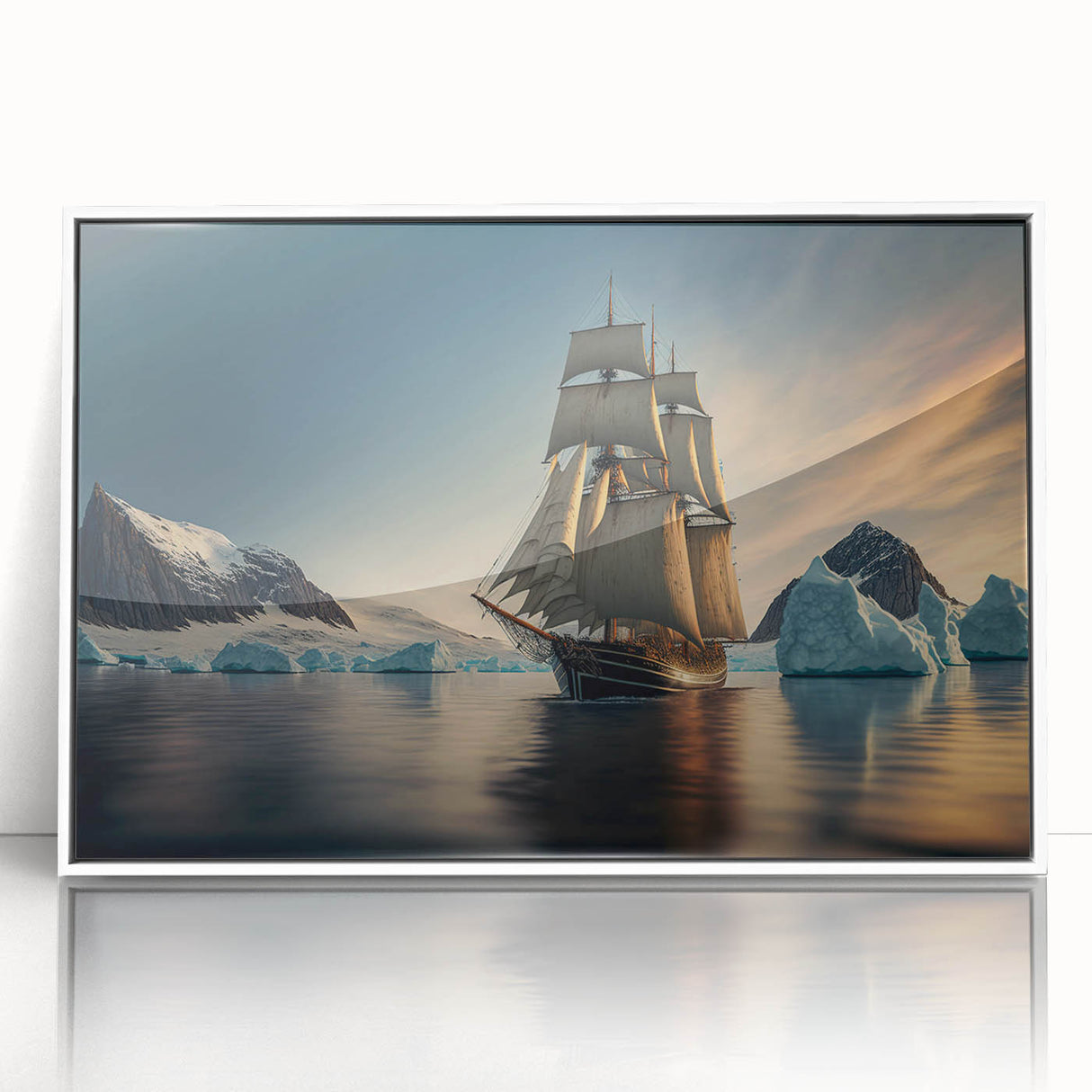 Framed acrylic wall art featuring a striking iceberg design, showcasing vibrant blue and white hues, perfect for modern home decor or office settings.