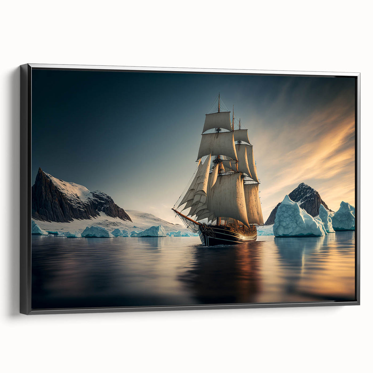 Framed canvas wall art showcasing a striking iceberg landscape design, featuring vibrant blue hues and intricate details, viewed from the side. Ideal for modern home decor.