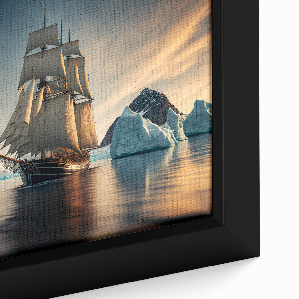 Close-up of a framed canvas print showcasing a vibrant iceberg landscape design with intricate details, perfect for modern home decor or art collection.
