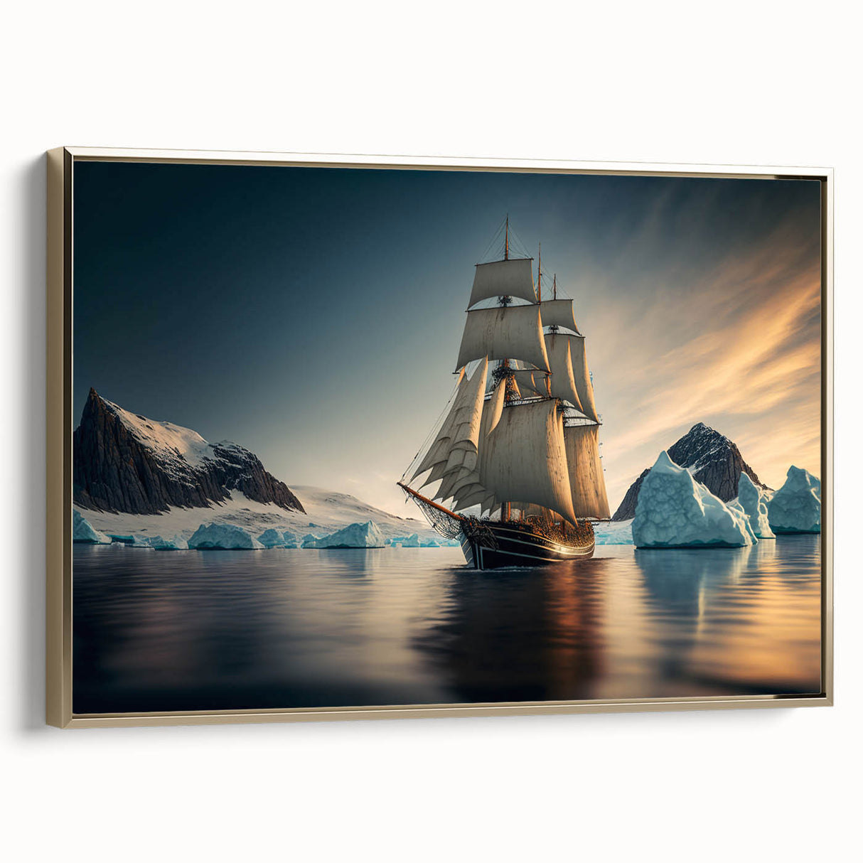 Framed canvas wall art showcasing a stunning iceberg design with a gold frame, perfect for modern decor. Ideal for adding a touch of elegance to living spaces.