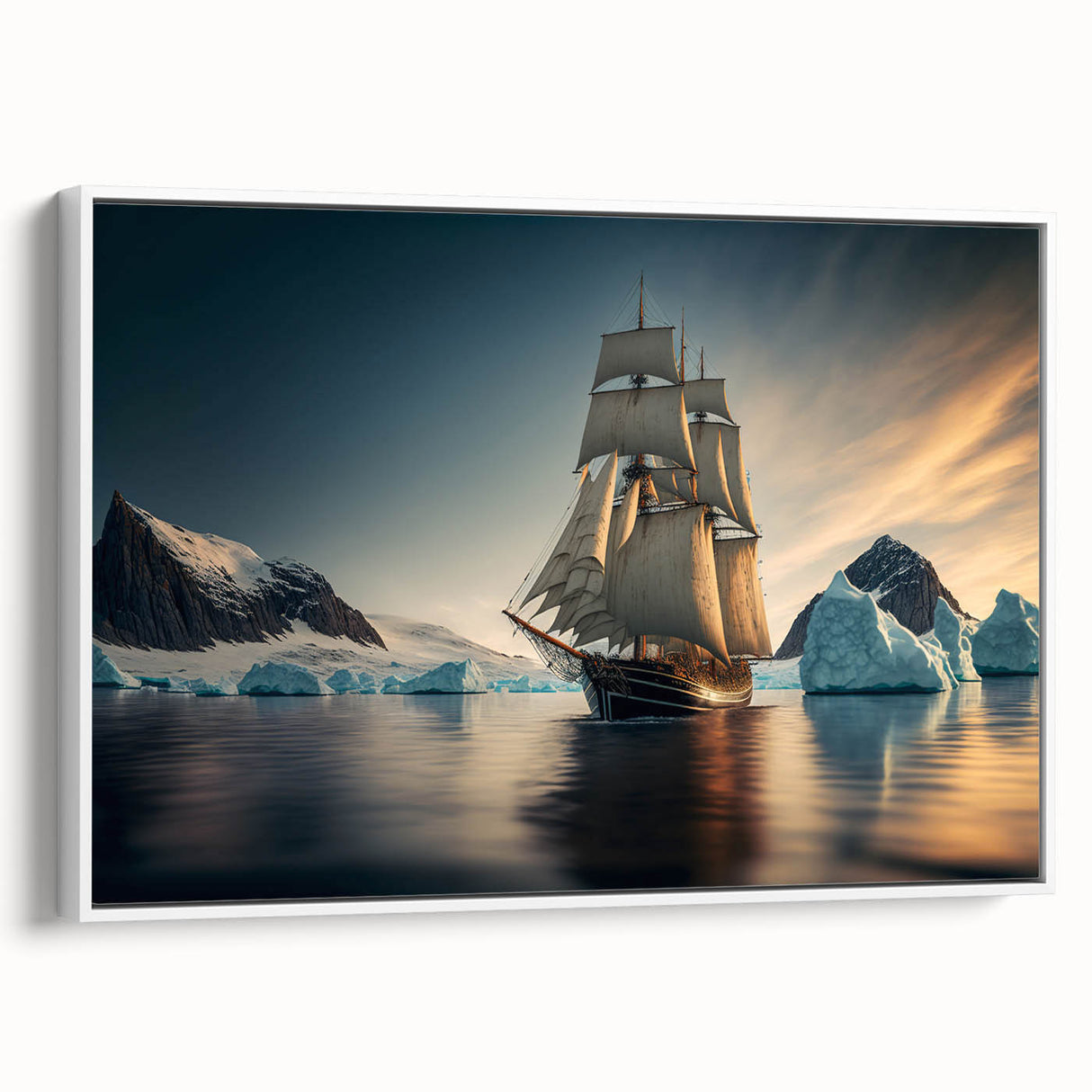 Framed canvas wall art showcasing a stunning iceberg landscape design, featuring cool blue tones and intricate details, perfect for modern home decor.