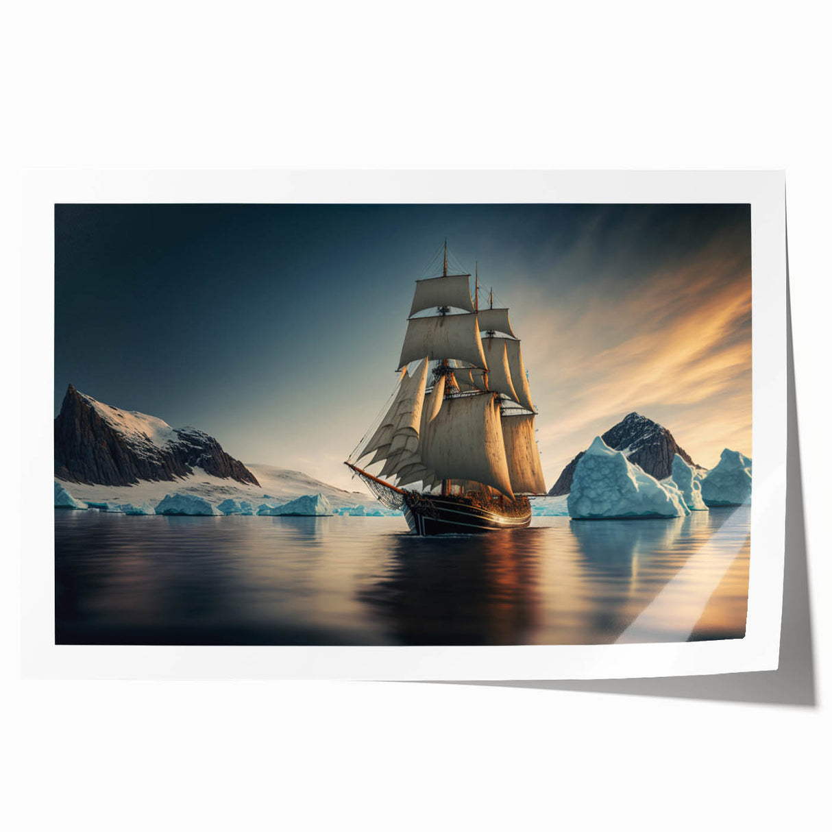 Vibrant rolled print showcasing an iceberg landscape design in cool blue and white tones, ideal for modern home decor, packaged securely in a cardboard tube.