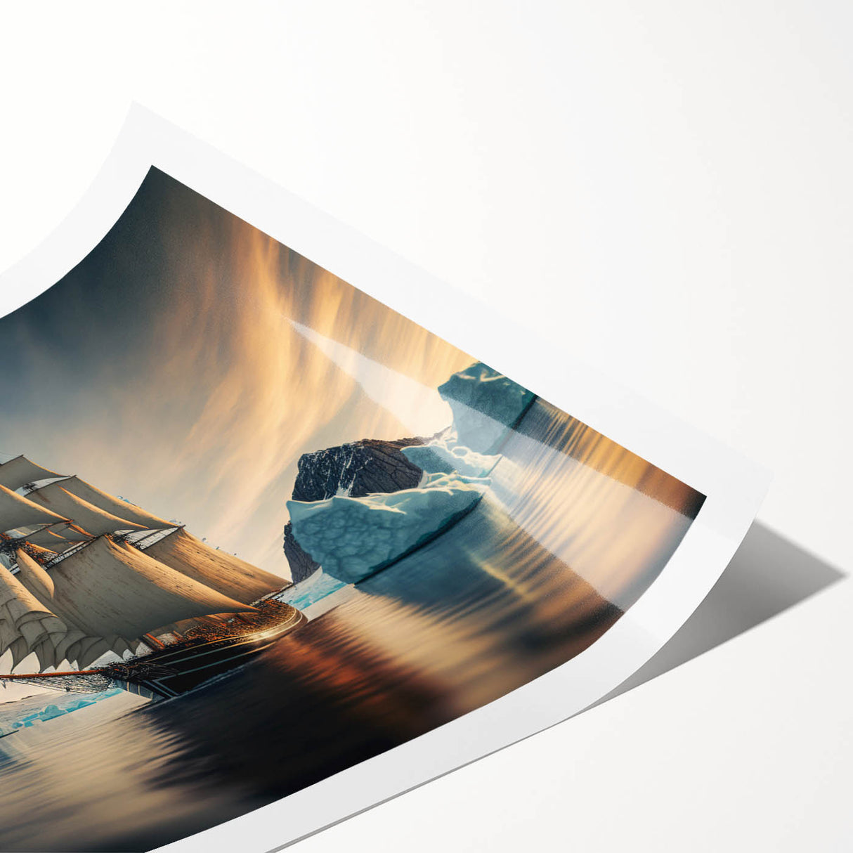 Colorful iceberg-themed wall art print showcasing a stunning landscape design, rolled for easy shipping, perfect for adding a modern touch to home decor.