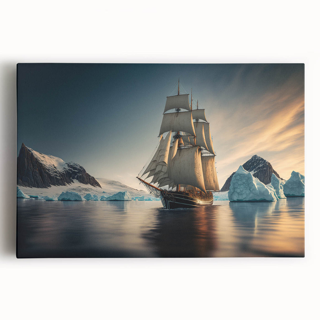Stretched canvas wall art showcasing a vibrant iceberg landscape design, featuring shades of blue and white, perfect for modern home decor. Ideal for enhancing any room's aesthetic with its serene and captivating imagery.
