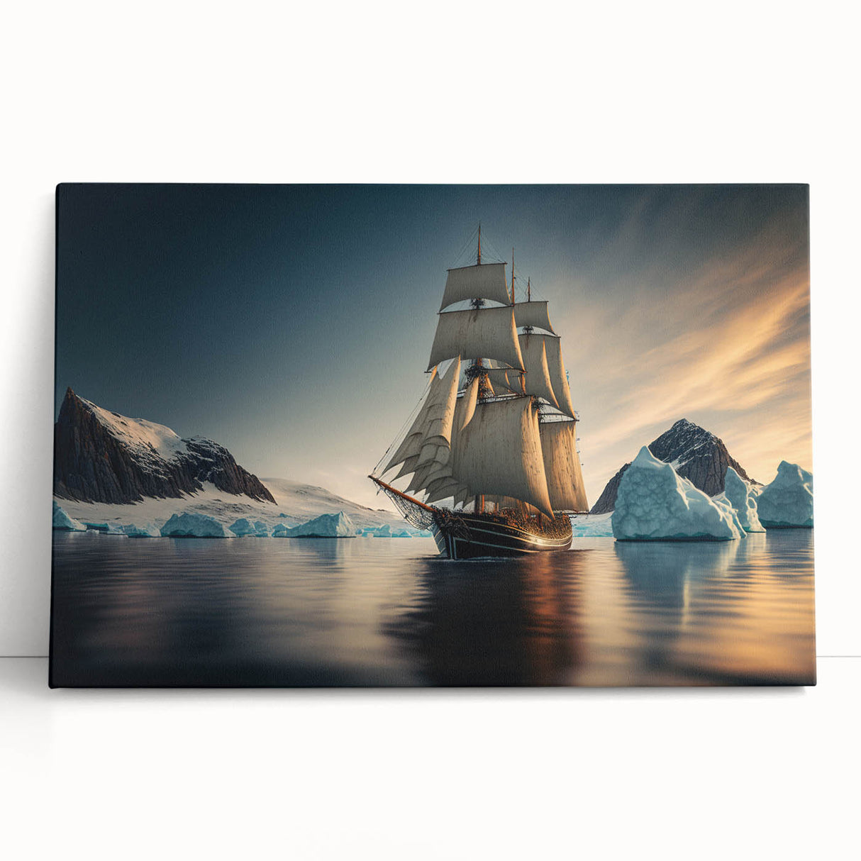 Stretched canvas wall art showcasing a stunning iceberg landscape design, featuring shades of blue and white, perfect for modern home decor.