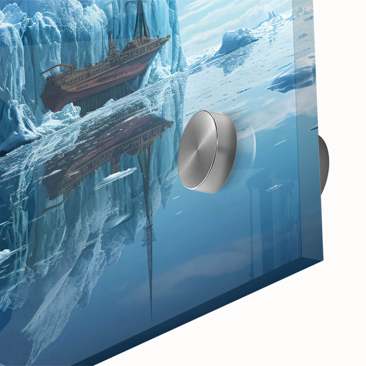 Close-up view of a vibrant acrylic glass wall art piece showcasing a stunning iceberg landscape design, featuring intricate details and vivid colors, ideal for modern decor.
