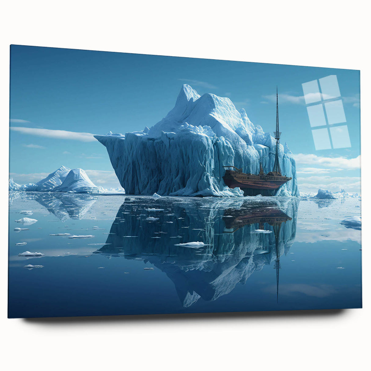 Acrylic glass wall art featuring a stunning iceberg landscape design, showcasing vibrant colors and intricate details in a side view presentation, ideal for modern decor. Perfect for adding a serene touch to any room while enhancing artistic appeal.