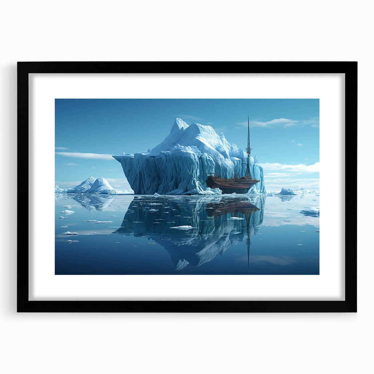 Framed wall art featuring a stunning iceberg landscape design, showcasing vibrant blues and whites in a sleek black frame with a mat, ideal for modern home decor.