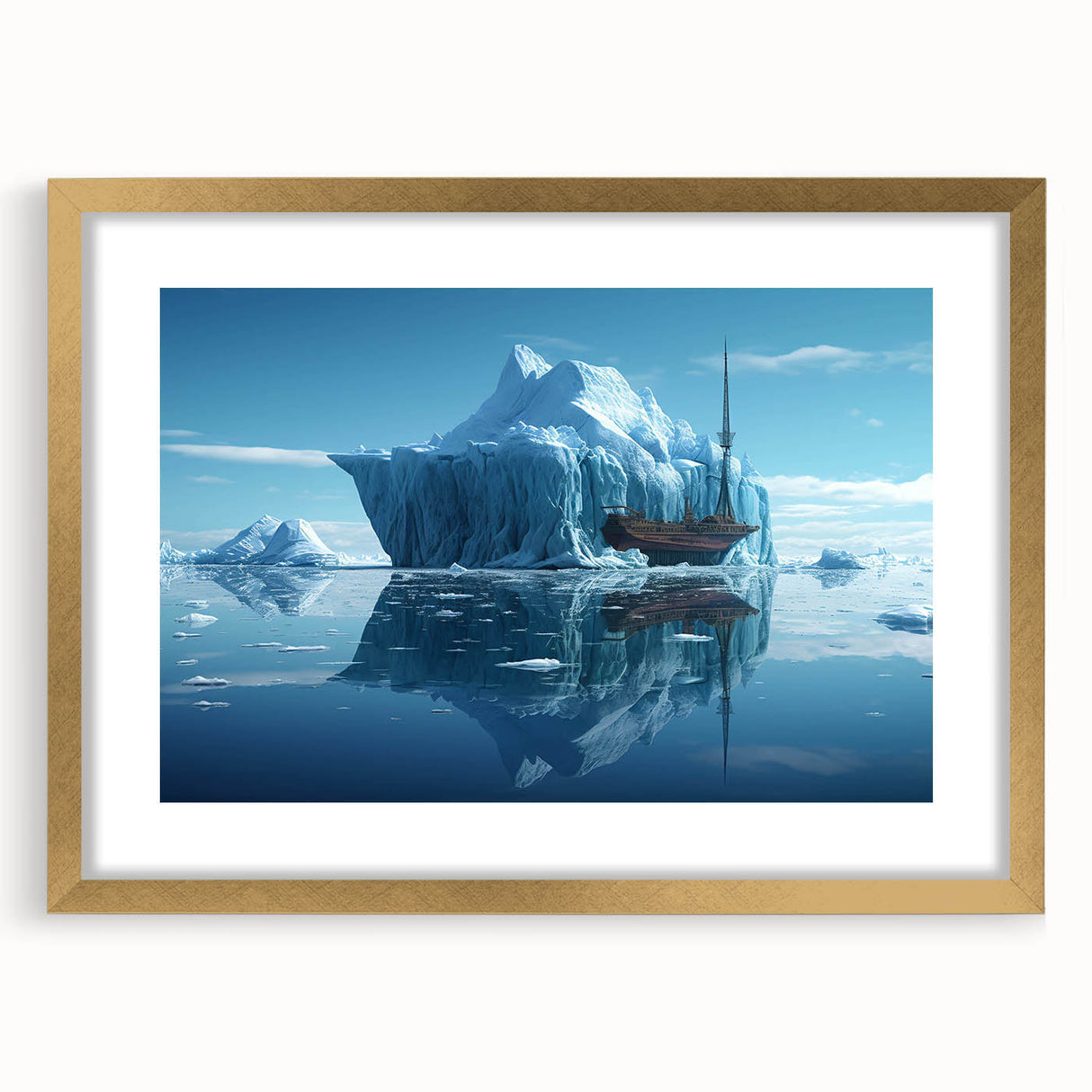 Elegant gold-framed wall art showcasing a stunning iceberg landscape design, complete with a white mat, perfect for enhancing modern home decor aesthetics. The piece captures the serene beauty of icy terrains, inviting a sense of tranquility into any room.