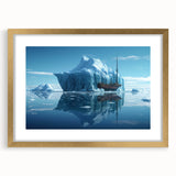 Elegant gold-framed wall art showcasing a stunning iceberg landscape design, complete with a white mat, perfect for enhancing modern home decor aesthetics. The piece captures the serene beauty of icy terrains, inviting a sense of tranquility into any room.