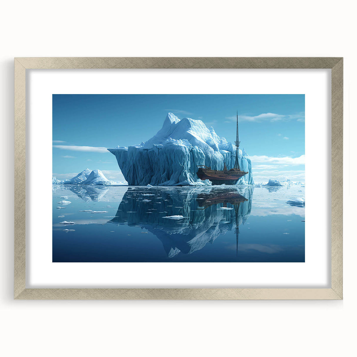 Framed wall art featuring a stunning iceberg landscape design in a silver frame with a mat, ideal for modern home decor, enhancing any living space with its serene beauty.