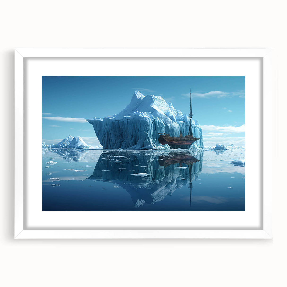 Framed wall art featuring a stunning iceberg landscape design with a white mat, perfect for enhancing modern home decor and adding a serene touch to any room.