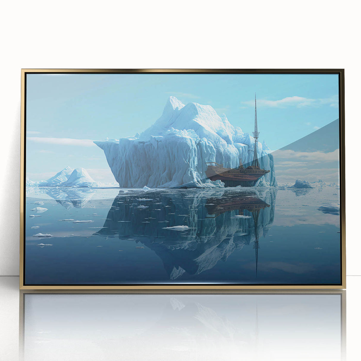Framed acrylic wall art featuring a stunning iceberg design with gold accents, showcasing a serene landscape scene ideal for modern home decor. Perfect for adding elegance to living spaces or offices.