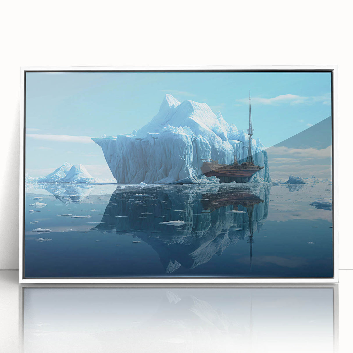 Framed wall art featuring a stunning landscape design of an iceberg in serene blue tones, displayed in a sleek white frame, perfect for modern decor.