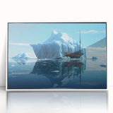 Framed wall art featuring a stunning landscape design of an iceberg in serene blue tones, displayed in a sleek white frame, perfect for modern decor.