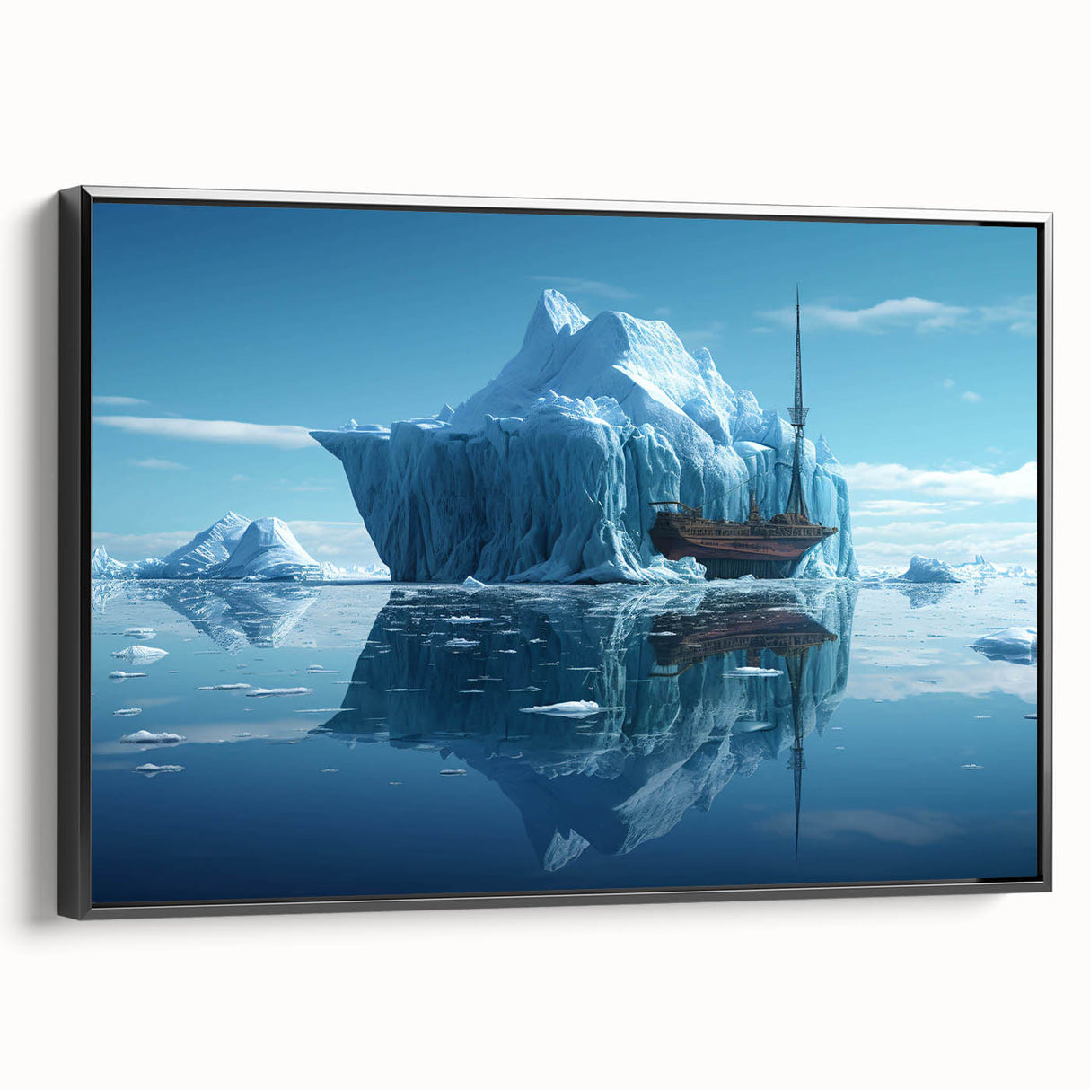 Framed canvas wall art showcasing a stunning iceberg landscape design, featuring a black frame and side view, perfect for modern home decor. Ideal for nature enthusiasts.