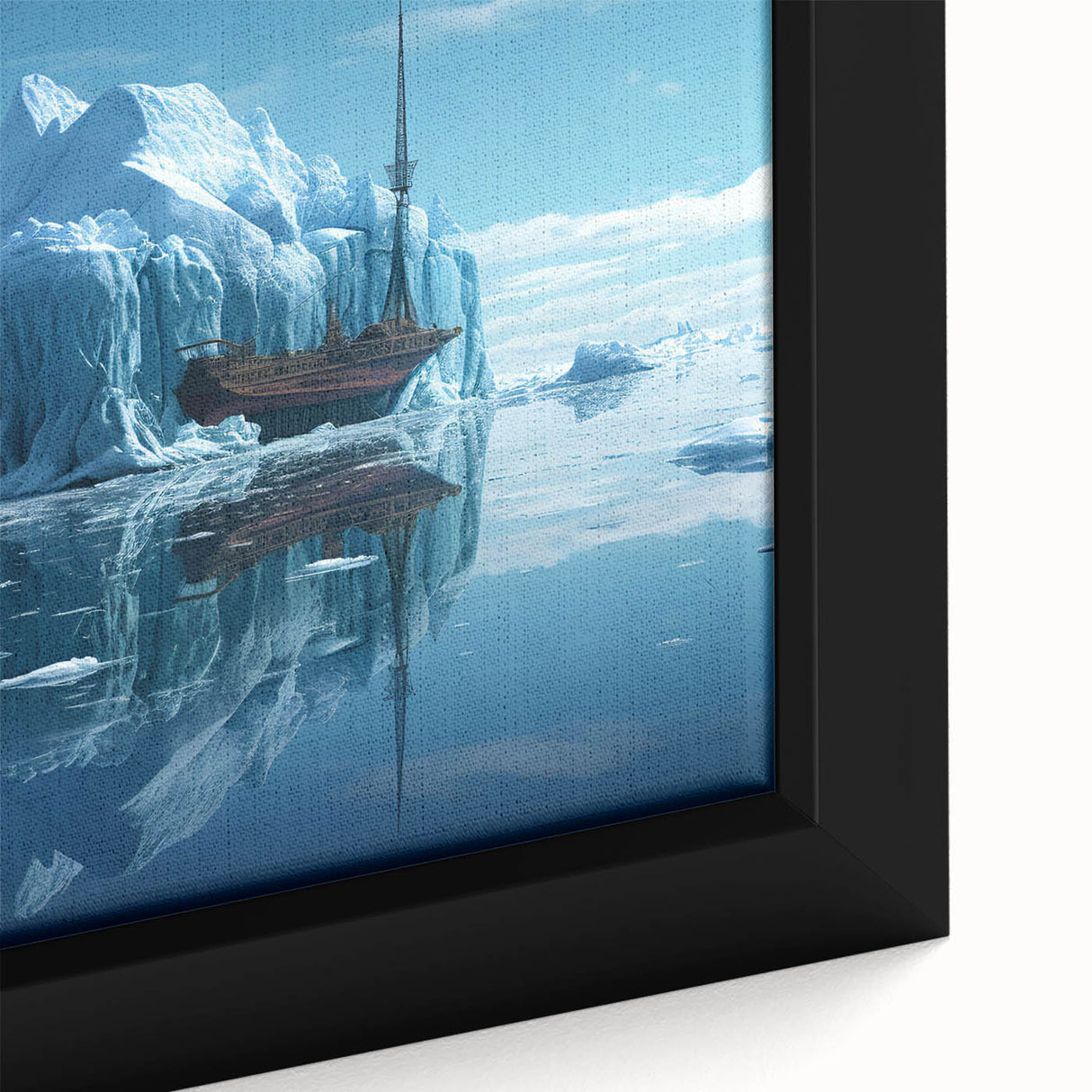 Close-up of a framed canvas wall art featuring a stunning iceberg landscape design, showcasing vibrant blues and whites, ideal for modern home decor.