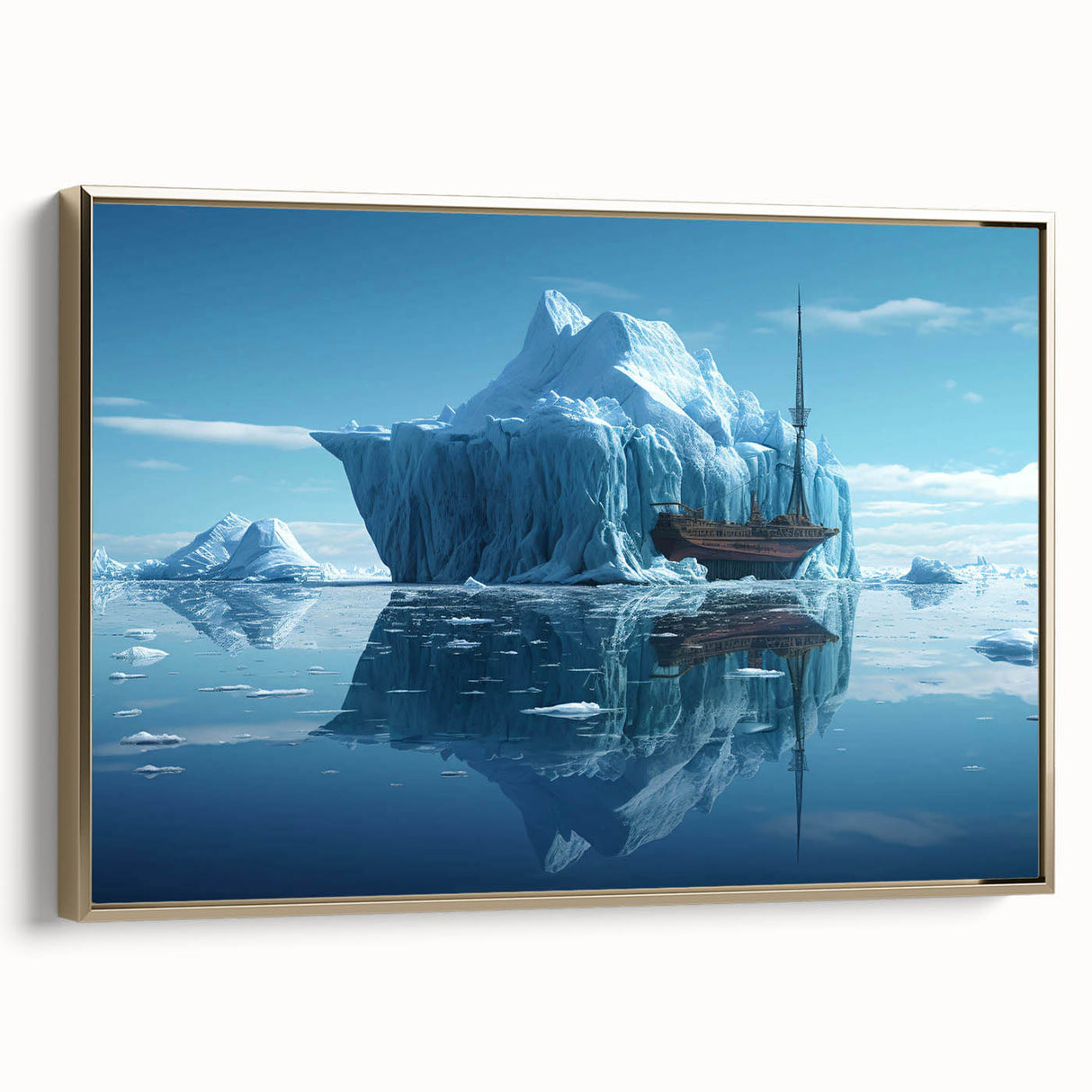 Framed canvas wall art showcasing a stunning iceberg design with gold accents, highlighting intricate textures and colors, perfect for modern home decor.
