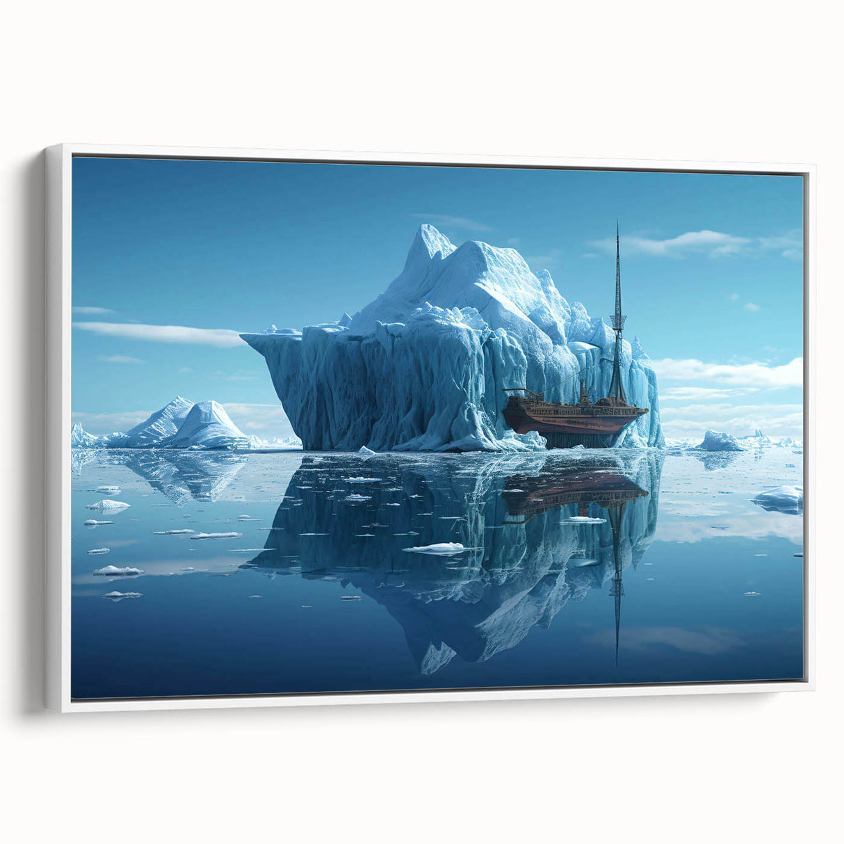 Framed wall art featuring a stunning iceberg design on canvas, displayed in a modern white frame, showcasing vibrant blue tones and intricate details, perfect for home decor.