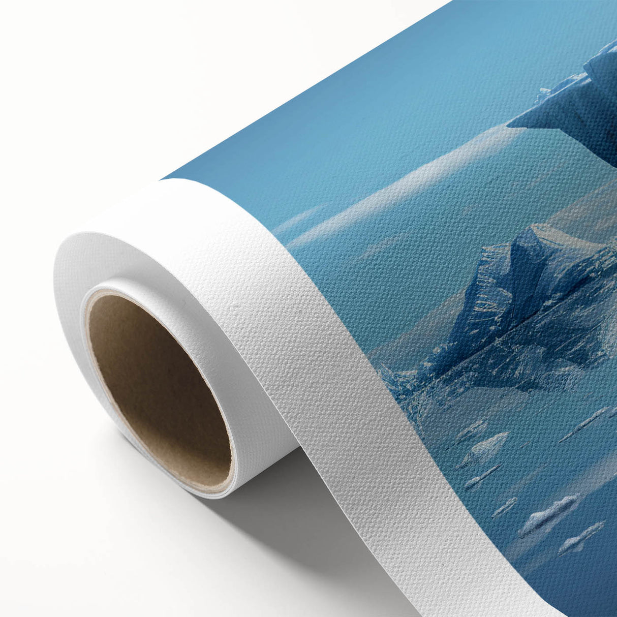 Stunning rolled canvas wall art depicting a serene iceberg landscape in shades of blue and white, designed to elevate any modern decor, showcased in a protective cardboard tube.