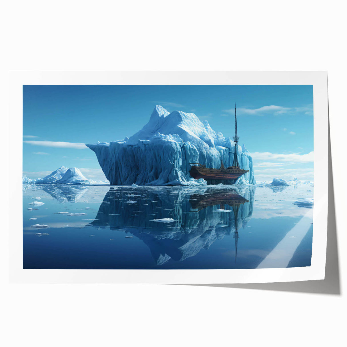 Vibrant rolled print of an iceberg landscape design showcasing shades of blue and white, ideal for modern home decor, presented in a durable cardboard tube.