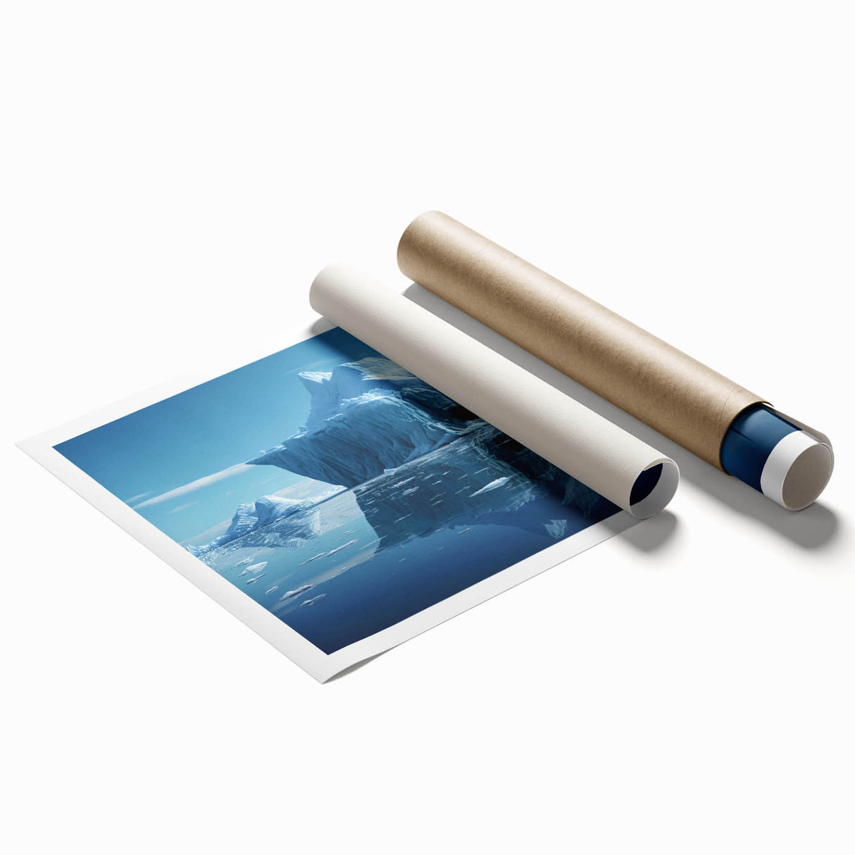 Stunning rolled print of a vibrant iceberg landscape design, showcasing cool blue and white tones, perfect for modern home decor or art collection.