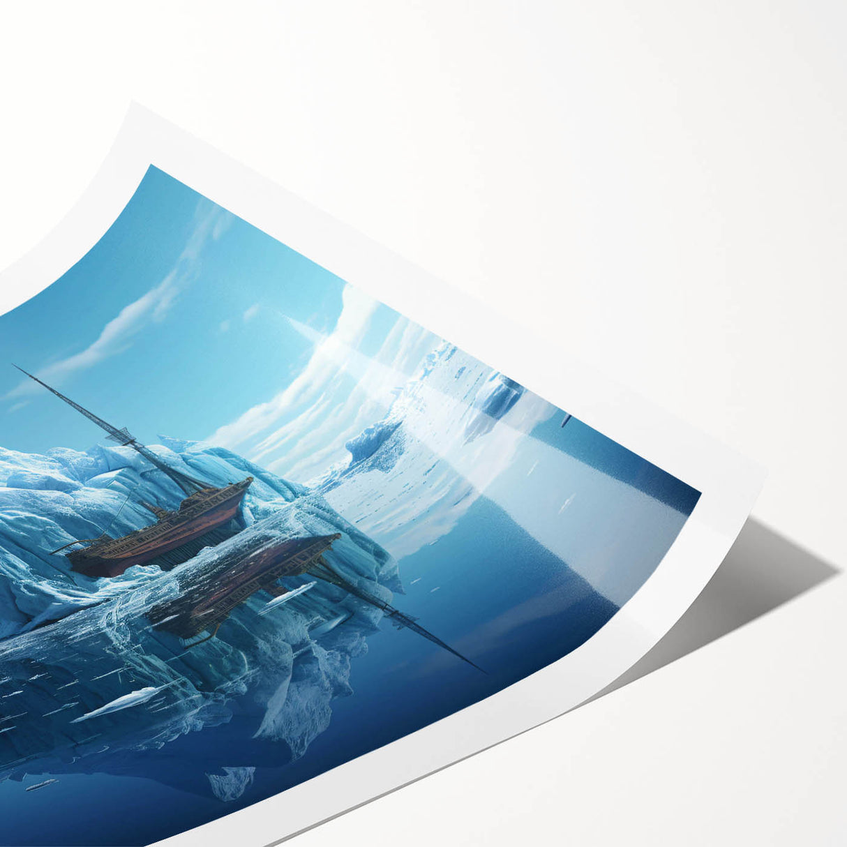 Artistic rolled print showcasing a stunning iceberg landscape in vibrant blues and whites, perfect for home decor, delivered securely in a durable cardboard tube.