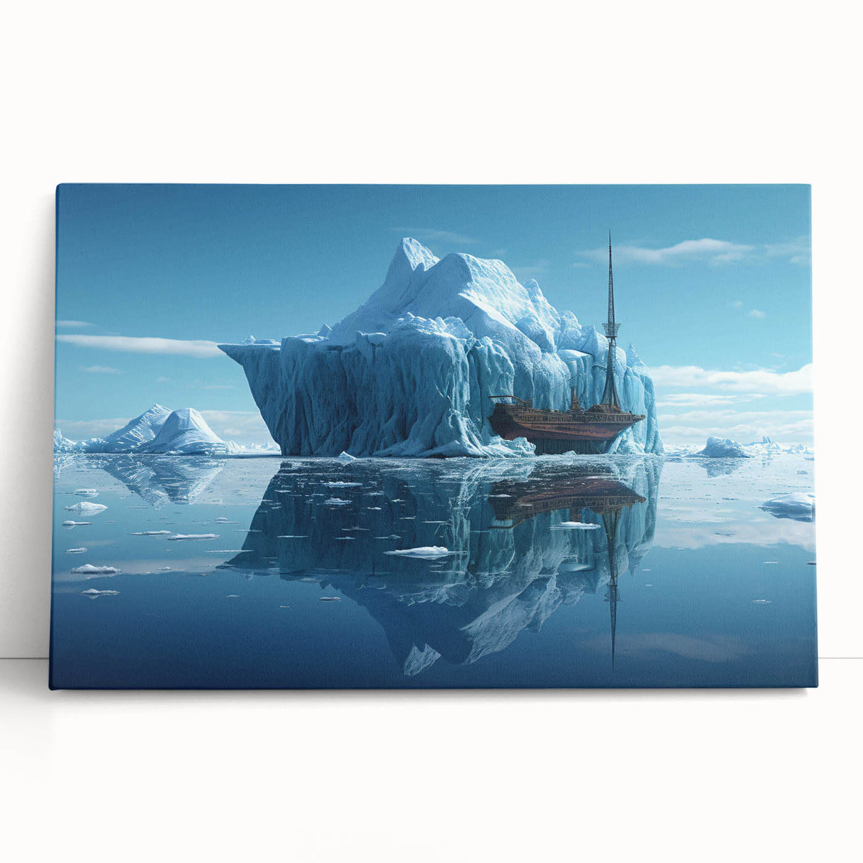 Stretched canvas wall art featuring a vibrant iceberg landscape design, showcasing cool blue tones and intricate details, perfect for modern home decor.
