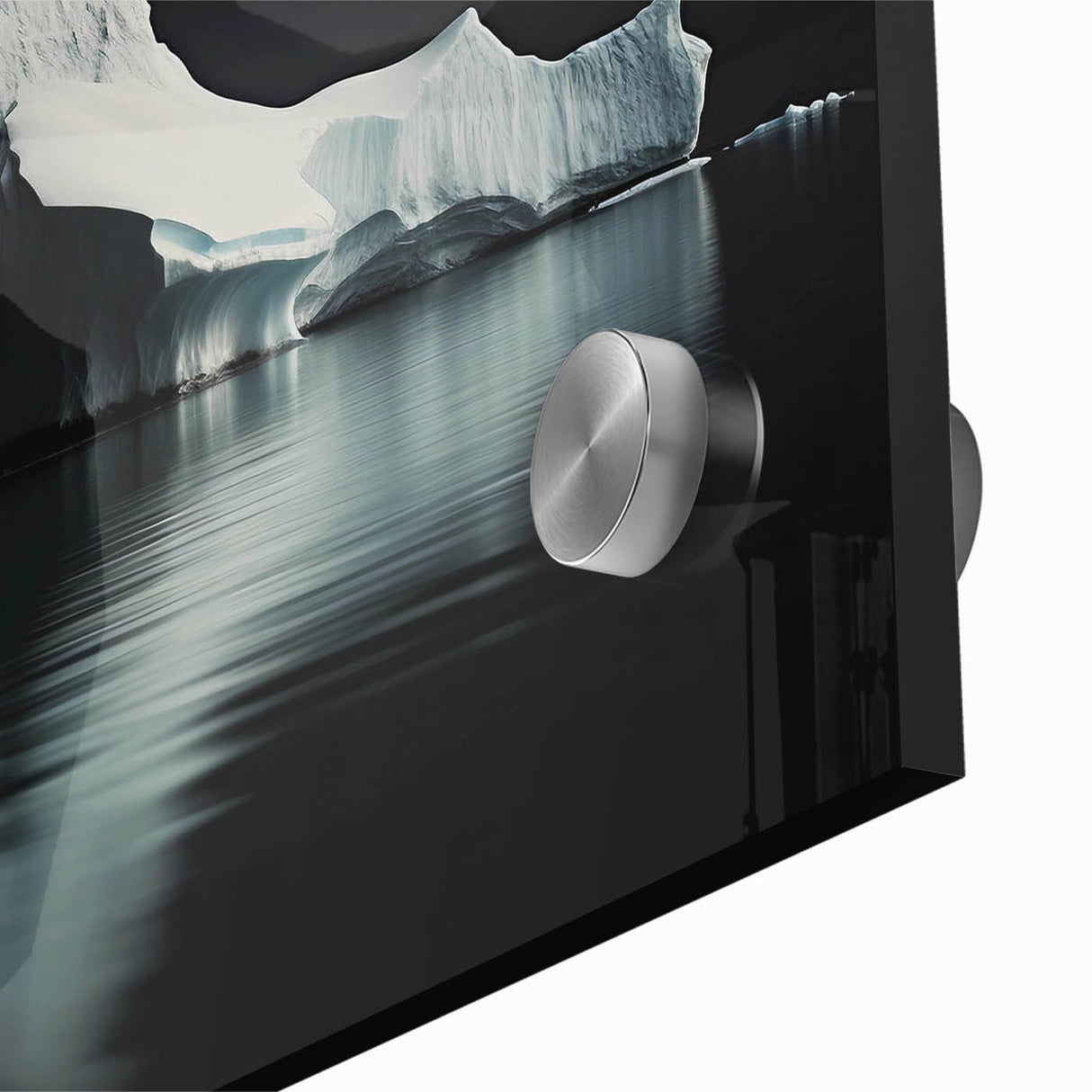 Close-up of an acrylic glass wall art piece showcasing a vibrant iceberg landscape design, highlighting intricate details and textures in cool blue tones. Perfect for modern decor.