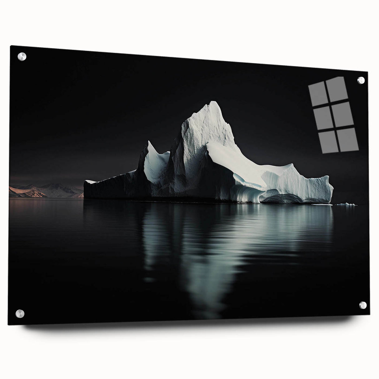 Acrylic glass wall art featuring a stunning iceberg landscape design, side view showcasing its sleek pins for easy mounting, perfect for modern decor.