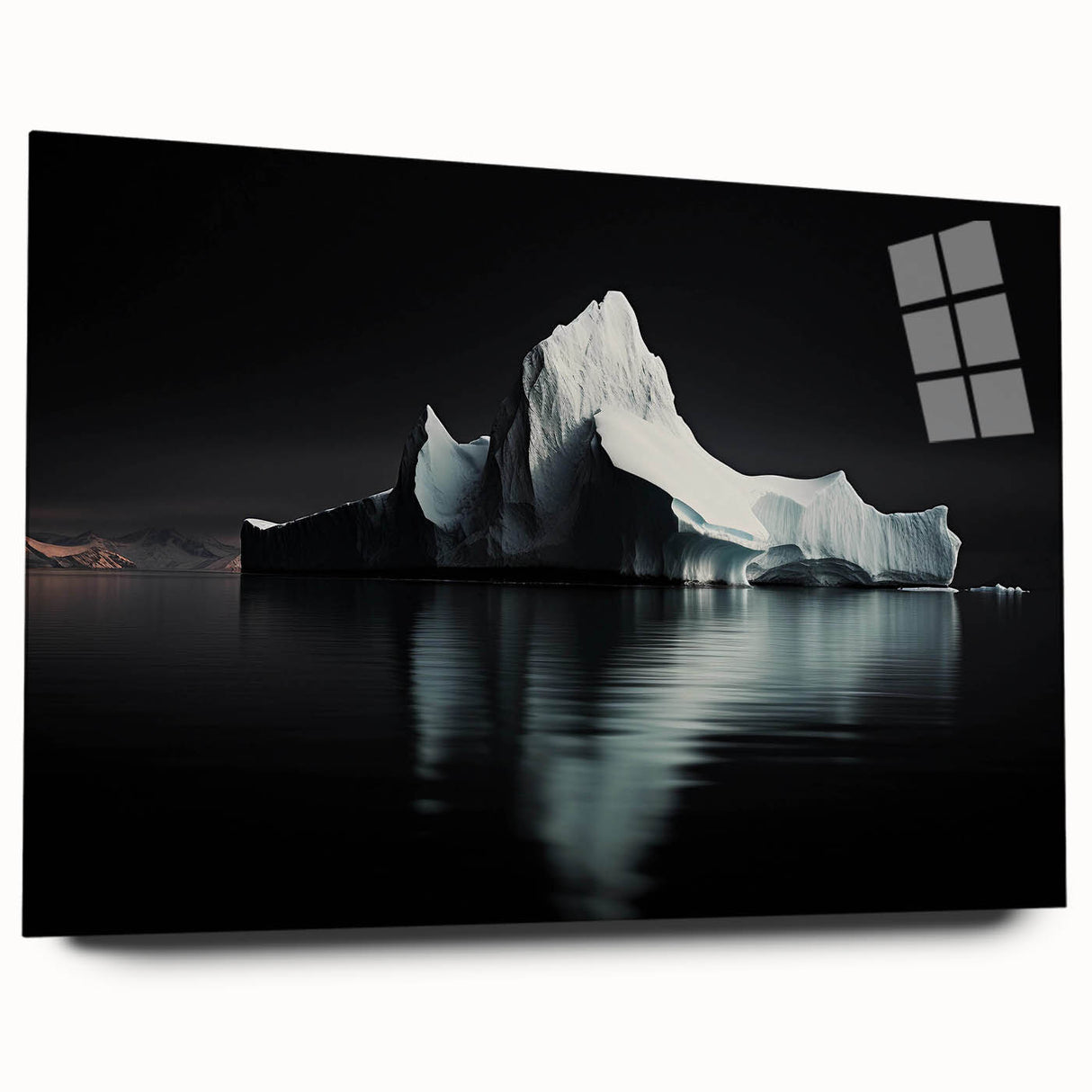 Acrylic glass wall art featuring a stunning iceberg landscape design, showcasing cool blue and white tones. Perfect for modern home decor, side view without pins.
