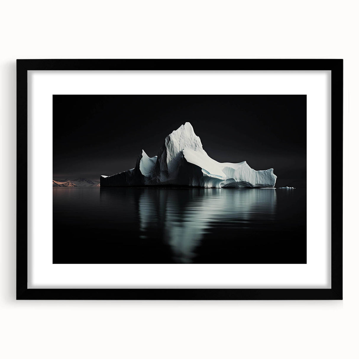 Framed black wall art featuring a striking iceberg design, showcasing cool blue and white colors, perfect for modern home decor and enhancing interior aesthetics.