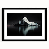 Framed black wall art featuring a striking iceberg design, showcasing cool blue and white colors, perfect for modern home decor and enhancing interior aesthetics.