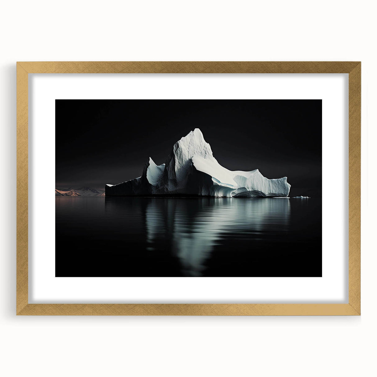 Framed wall art featuring a stunning iceberg landscape design, elegantly presented with a gold frame and mat, perfect for modern home decor.