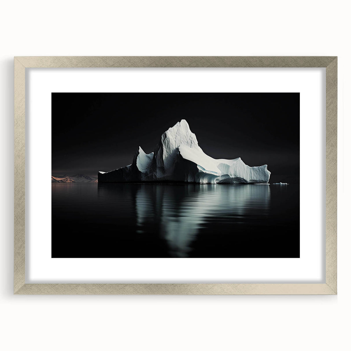 Framed wall art featuring a stunning iceberg landscape design with silver matting, showcasing vibrant blue and white hues, perfect for modern home décor.