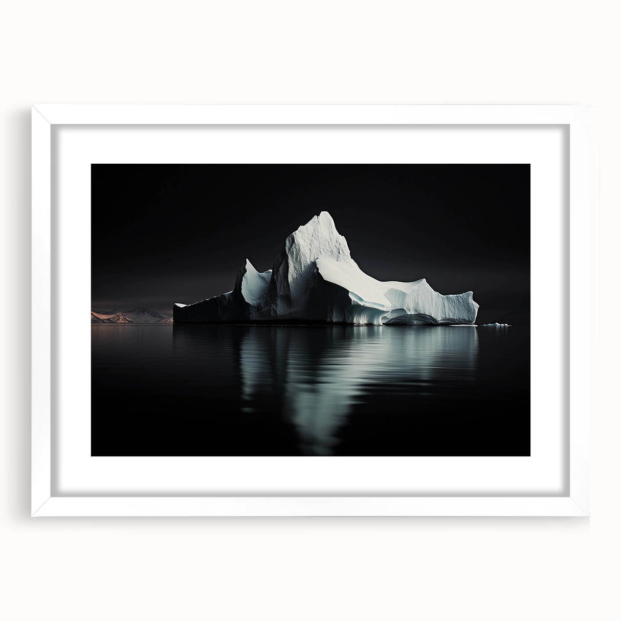 Framed wall art featuring a stunning iceberg design with a white mat, showcasing vibrant blue and icy textures, perfect for modern home decor.
