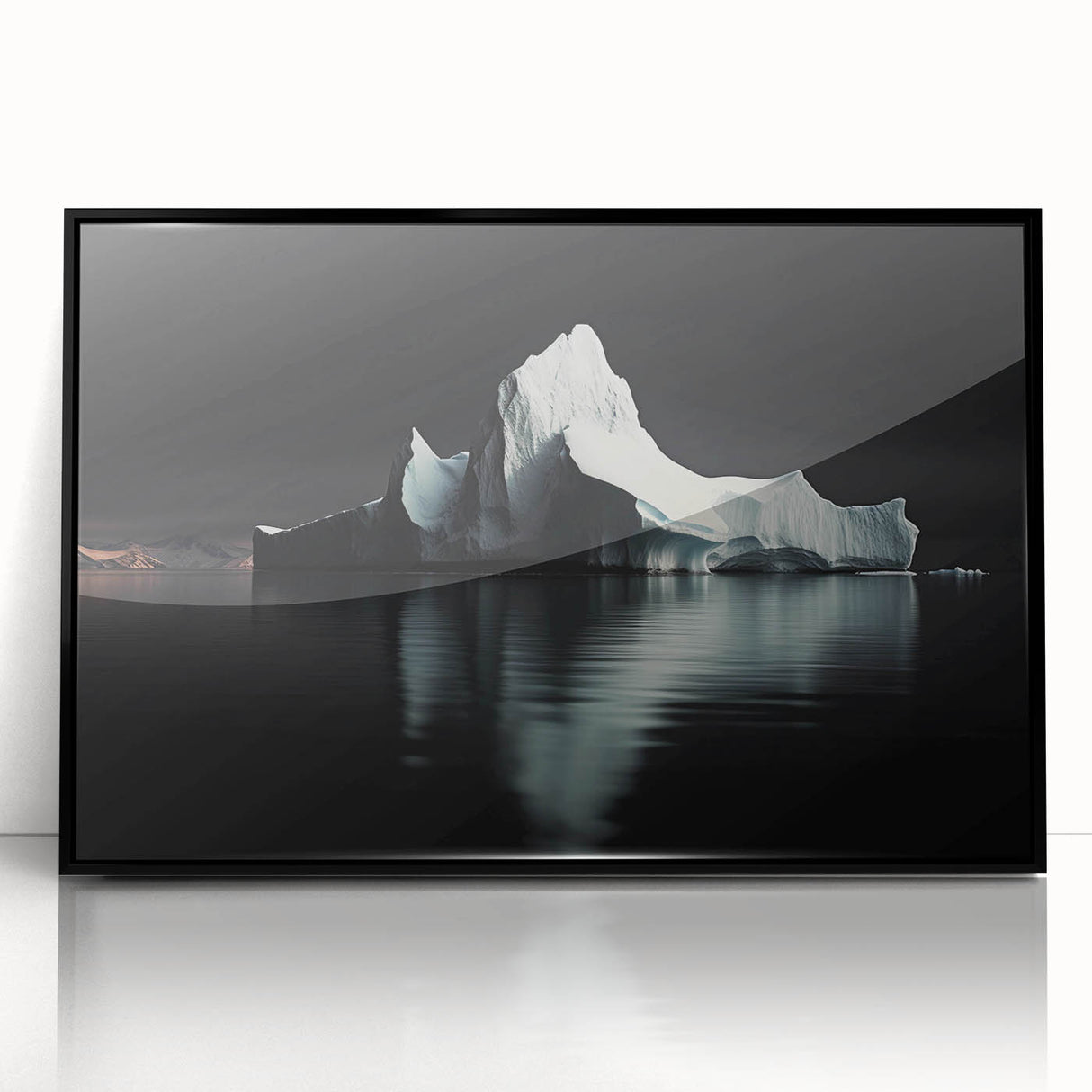 Framed wall art featuring a stunning iceberg landscape design in vivid blues and whites, with a sleek black frame, perfect for modern home decor.