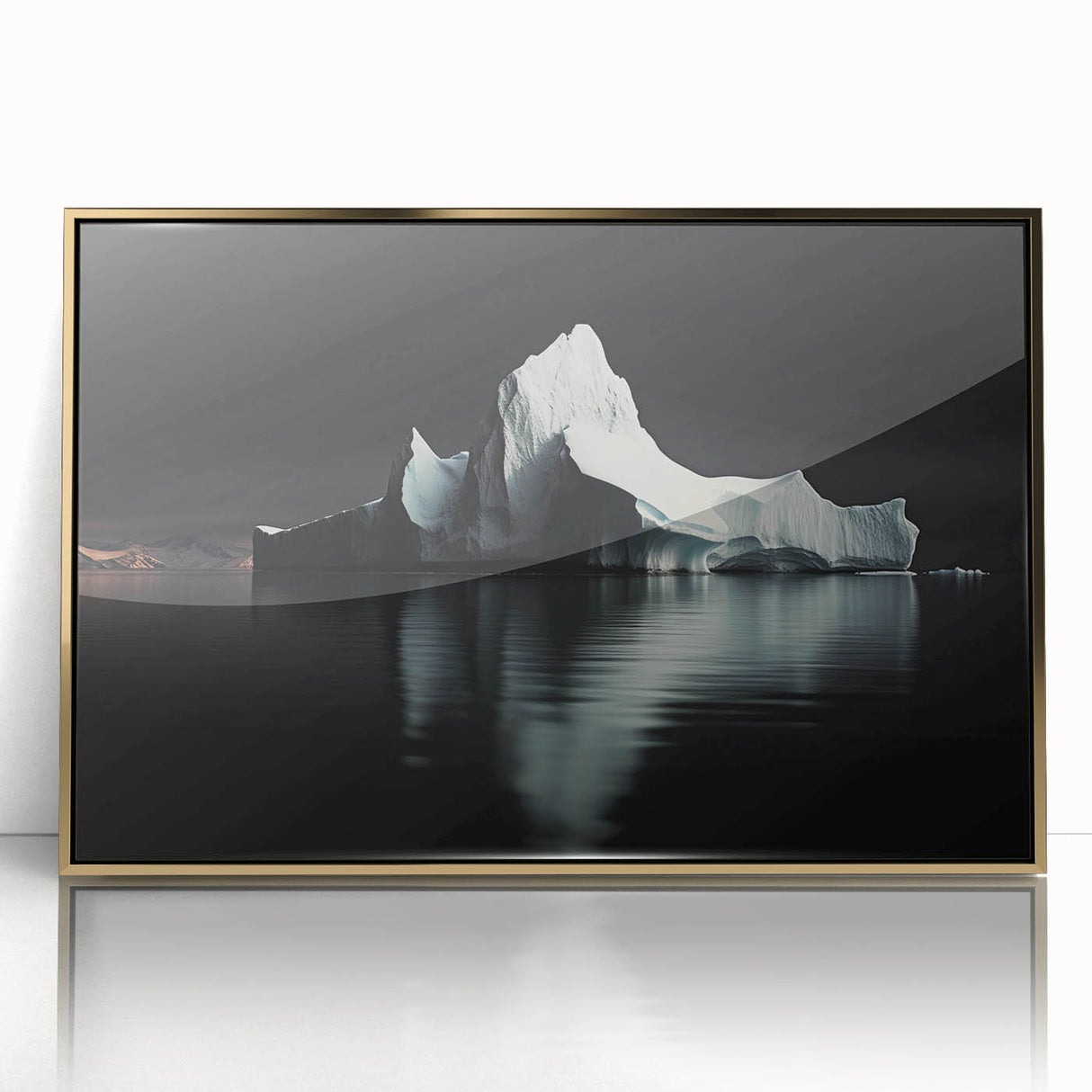 Framed acrylic wall art showcasing a stunning iceberg design with gold accents, perfect for modern decor and adding a touch of elegance to any space.