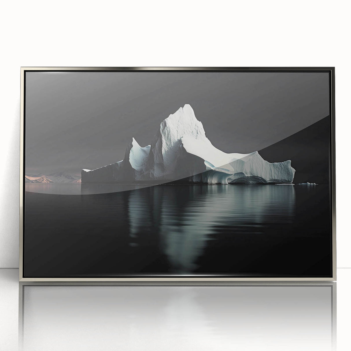 Framed acrylic wall art featuring a stunning iceberg design, showcasing vibrant blue and white colors, perfect for modern home decor and enhancing interior aesthetics.