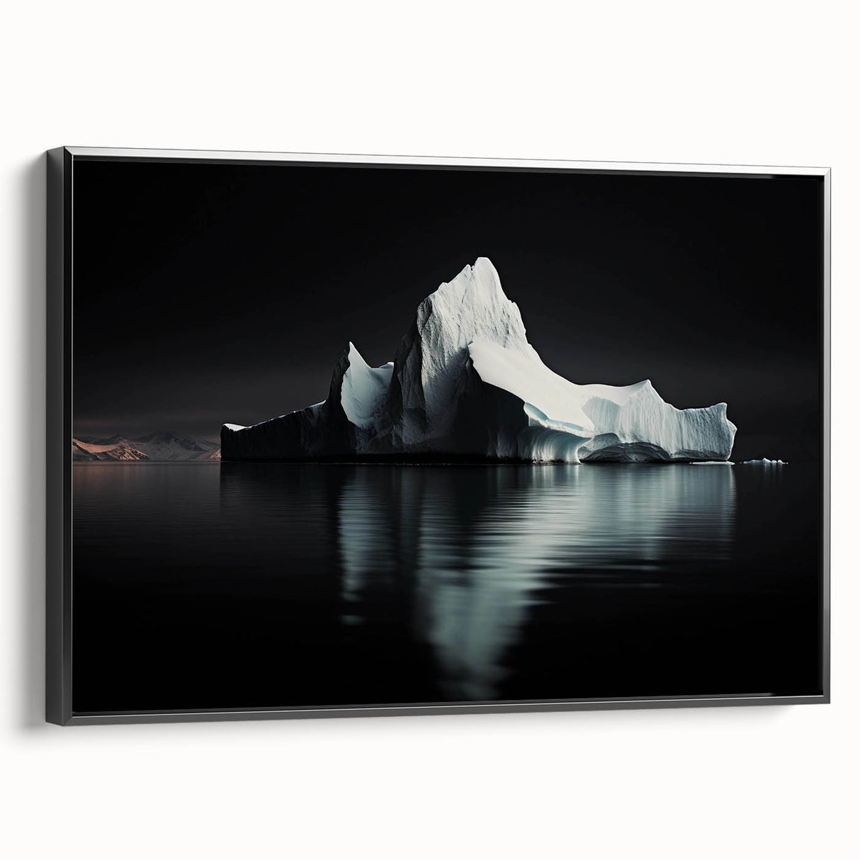 Framed canvas wall art showcasing a stunning iceberg landscape design with a sleek black frame, ideal for modern home decor and enhancing interior aesthetics.