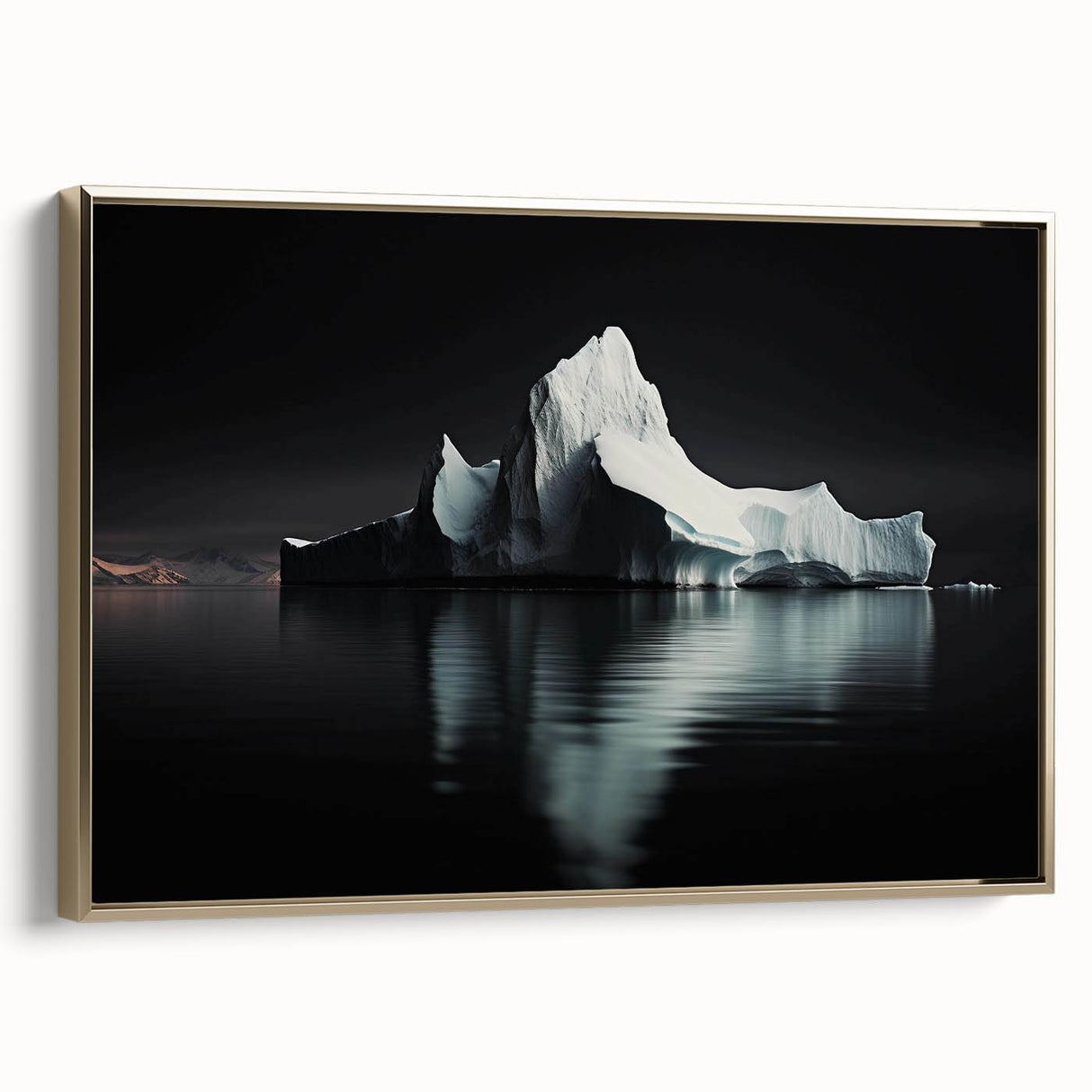 Framed canvas artwork showcasing a stunning iceberg landscape design, featuring vibrant blues and whites with a gold frame, perfect for modern home decor.