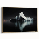 Framed canvas artwork showcasing a stunning iceberg landscape design, featuring vibrant blues and whites with a gold frame, perfect for modern home decor.
