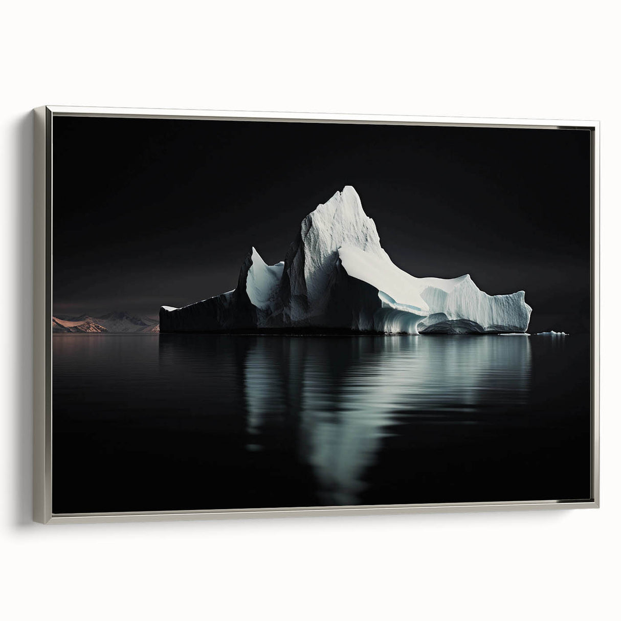 Framed canvas wall art showcasing a stunning iceberg landscape design with silver accents, perfect for modern home decor, adding a serene touch to any room.