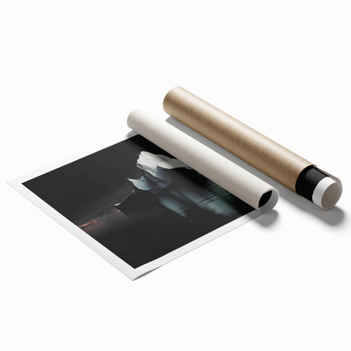 Stunning rolled print of an iceberg landscape design featuring vibrant blues and whites, perfect for modern home decor. Packaged securely in a cardboard tube.
